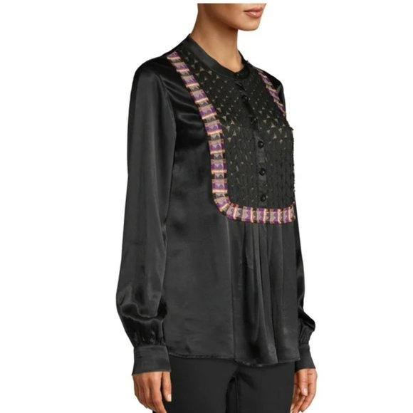 Sui by Anna Sui Black Blouse Silky with Lace and Embroider Details Large - Picture 2 of 16